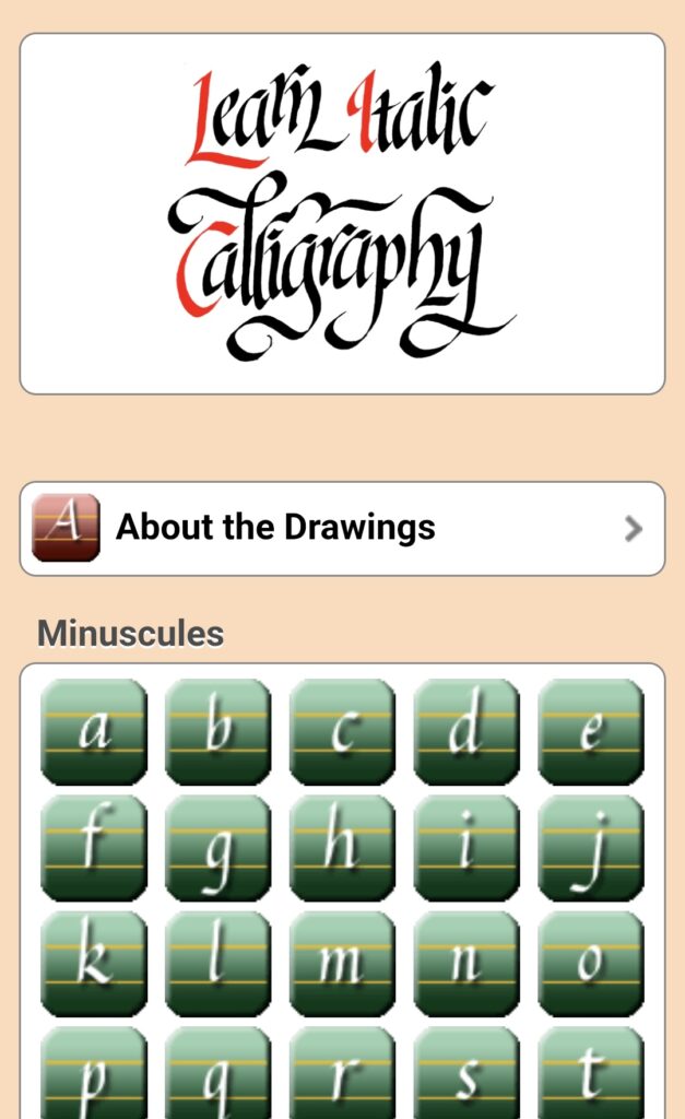 Home Screen, Learn Italic Calligraphy app